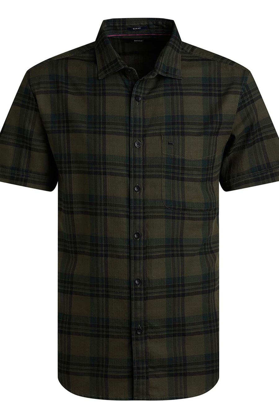 BASICS SLIM FIT THYME OLIVE COTTON HERRING BONE CHECKS HALFSLEEVES SHIRT