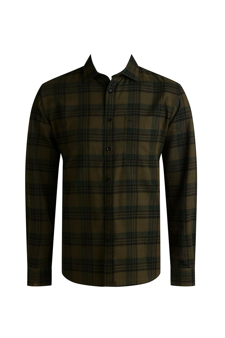 BASICS SLIM FIT THYME OLIVE COTTON HERRING BONE CHECKS SHIRT