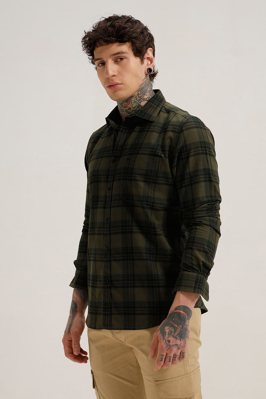 BASICS SLIM FIT THYME OLIVE COTTON HERRING BONE CHECKS SHIRT