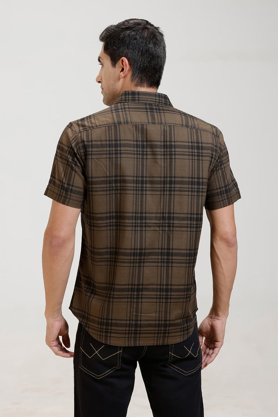 BASICS SLIM FIT CUB BROWN COTTON HERRING BONE CHECKS HALFSLEEVES SHIRT