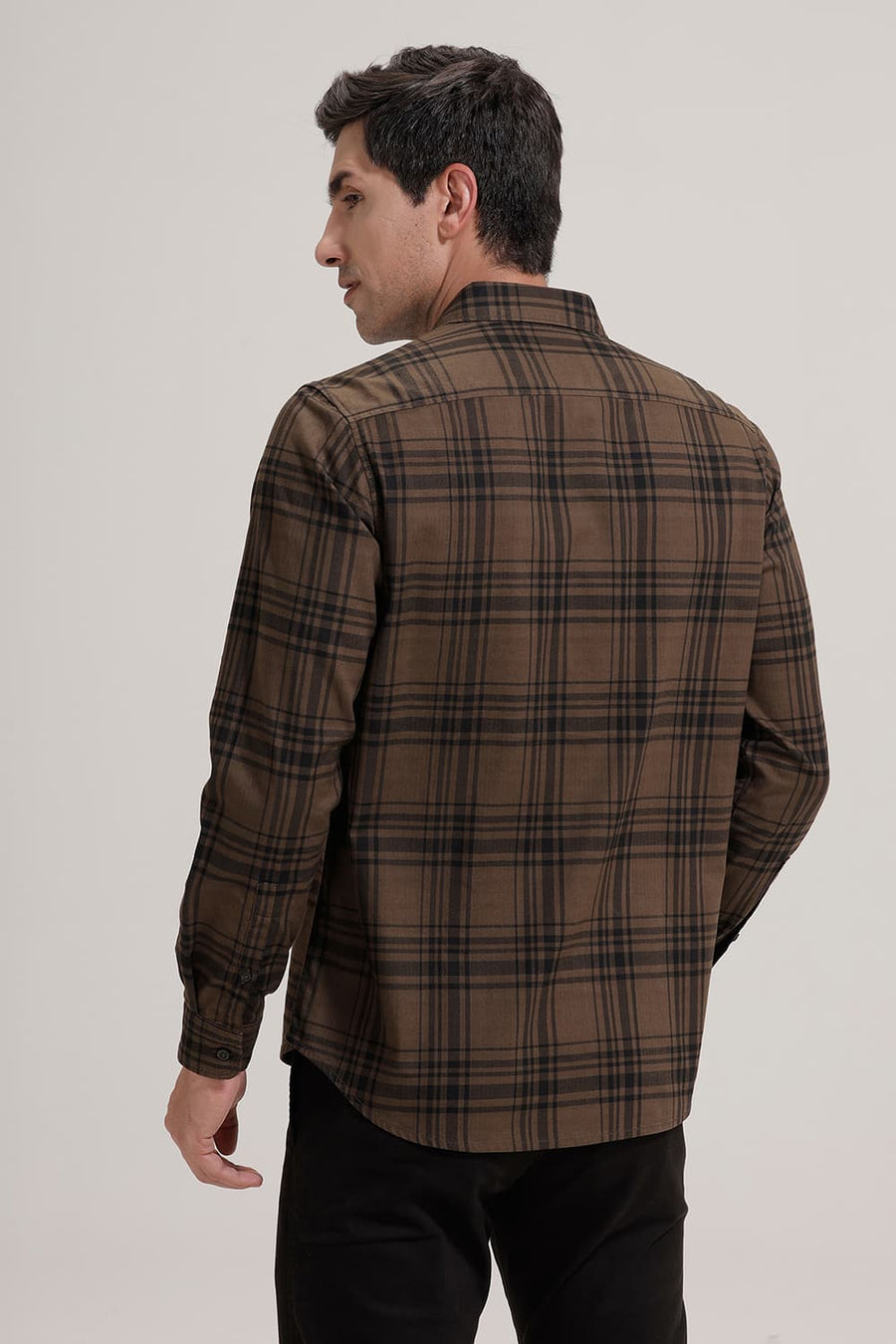 BASICS SLIM FIT CUB BROWN COTTON HERRING BONE CHECKS SHIRT