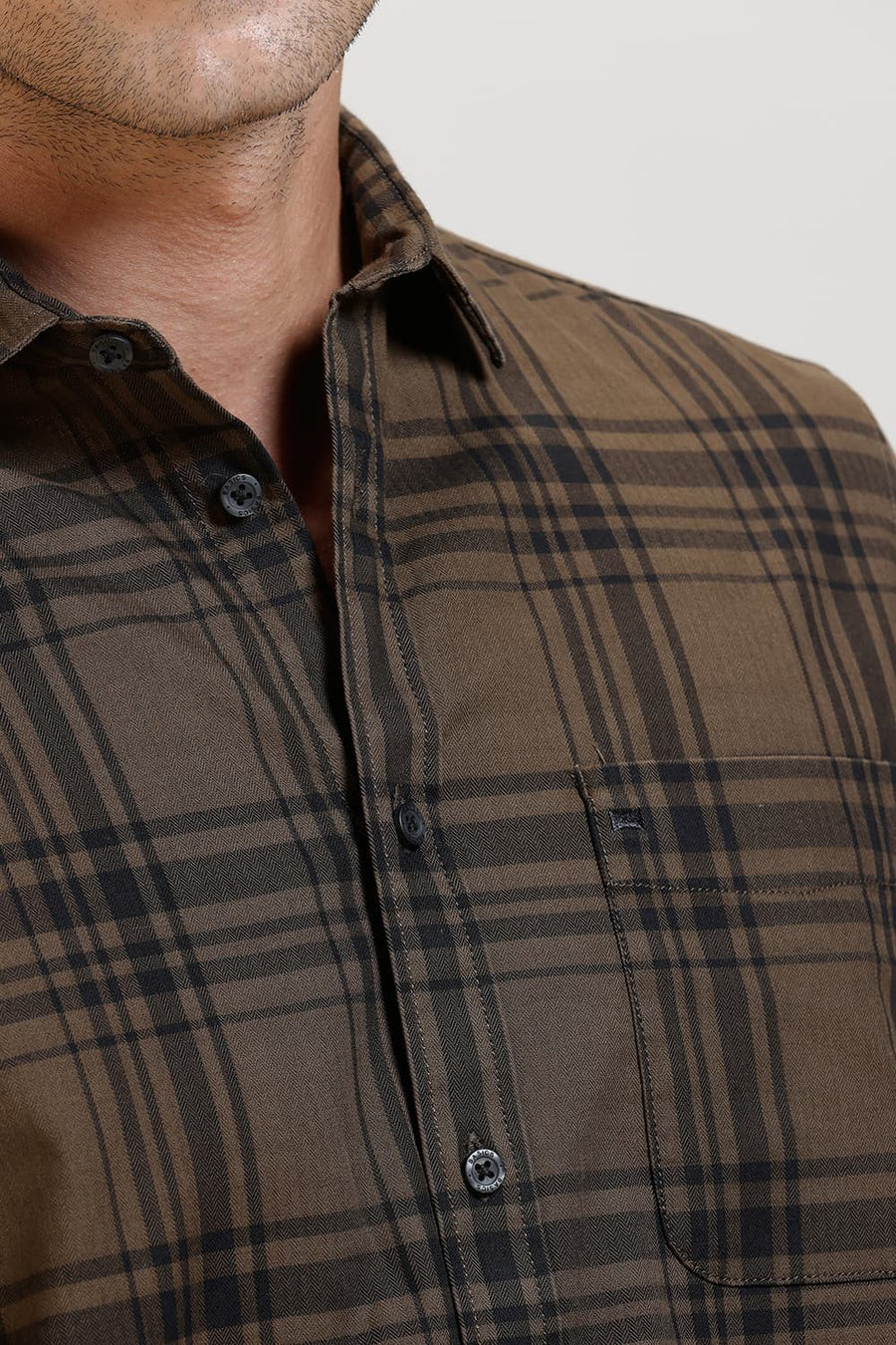 BASICS SLIM FIT CUB BROWN COTTON HERRING BONE CHECKS HALFSLEEVES SHIRT