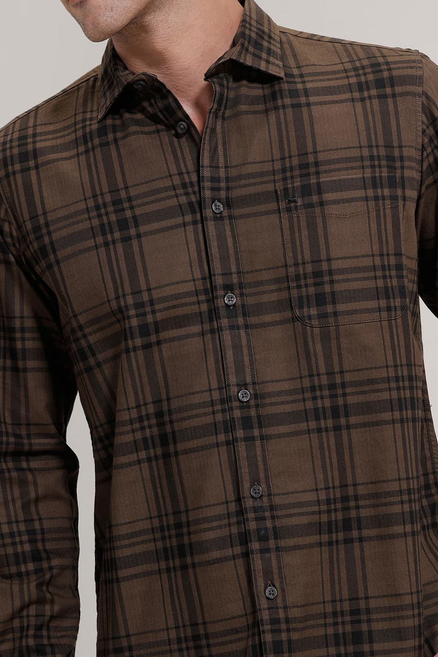BASICS SLIM FIT CUB BROWN COTTON HERRING BONE CHECKS SHIRT