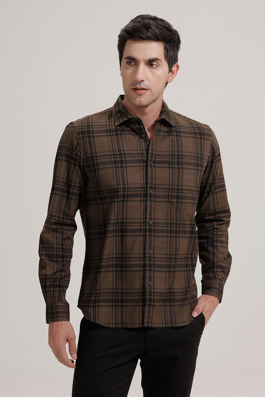 BASICS SLIM FIT CUB BROWN COTTON HERRING BONE CHECKS SHIRT