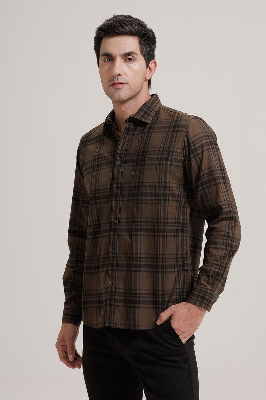 BASICS SLIM FIT CUB BROWN COTTON HERRING BONE CHECKS SHIRT