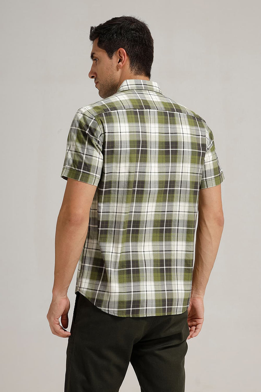 BASICS SLIM FIT OLIVE GREEN COTTON TWILL CHECKS HALFSLEEVES SHIRT
