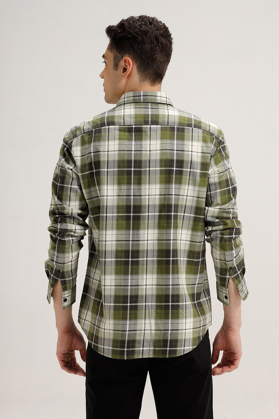 BASICS SLIM FIT OLIVE GREEN COTTON TWILL CHECKS SHIRT