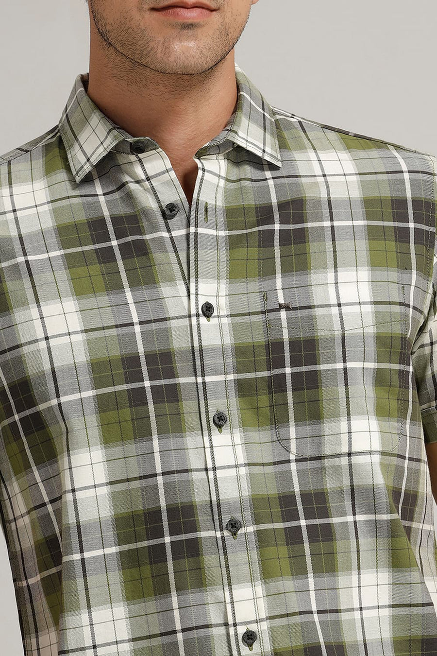 BASICS SLIM FIT OLIVE GREEN COTTON TWILL CHECKS HALFSLEEVES SHIRT