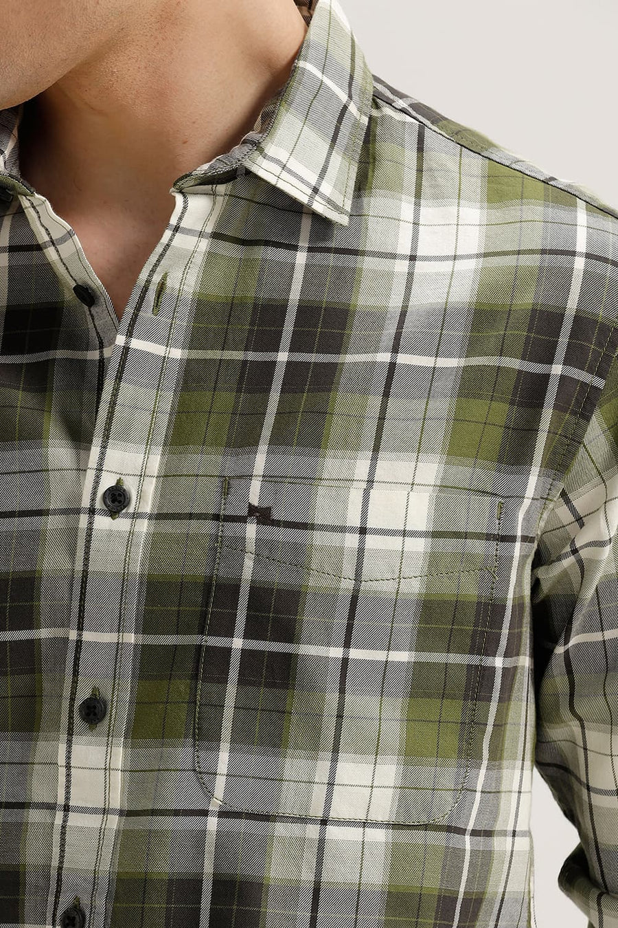 BASICS SLIM FIT OLIVE GREEN COTTON TWILL CHECKS SHIRT