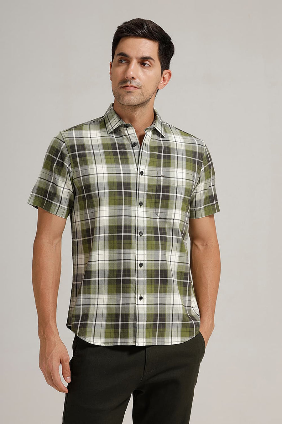 BASICS SLIM FIT OLIVE GREEN COTTON TWILL CHECKS HALFSLEEVES SHIRT
