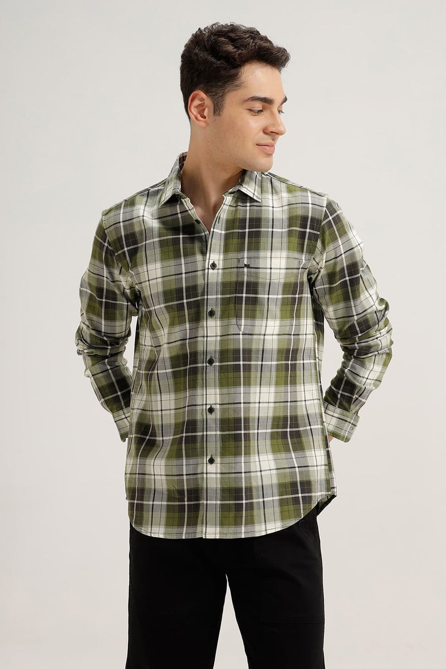BASICS SLIM FIT OLIVE GREEN COTTON TWILL CHECKS SHIRT
