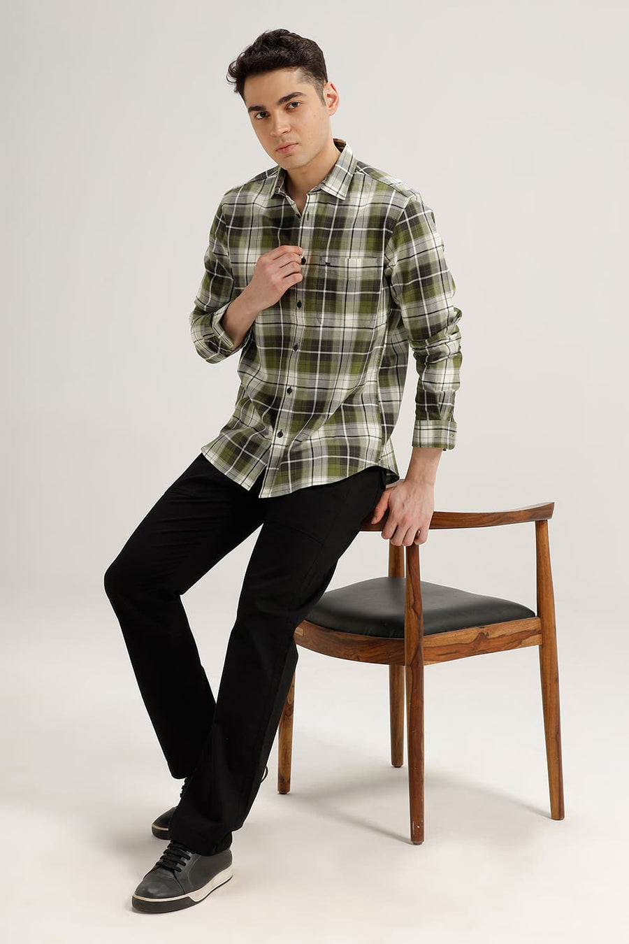 BASICS SLIM FIT OLIVE GREEN COTTON TWILL CHECKS SHIRT