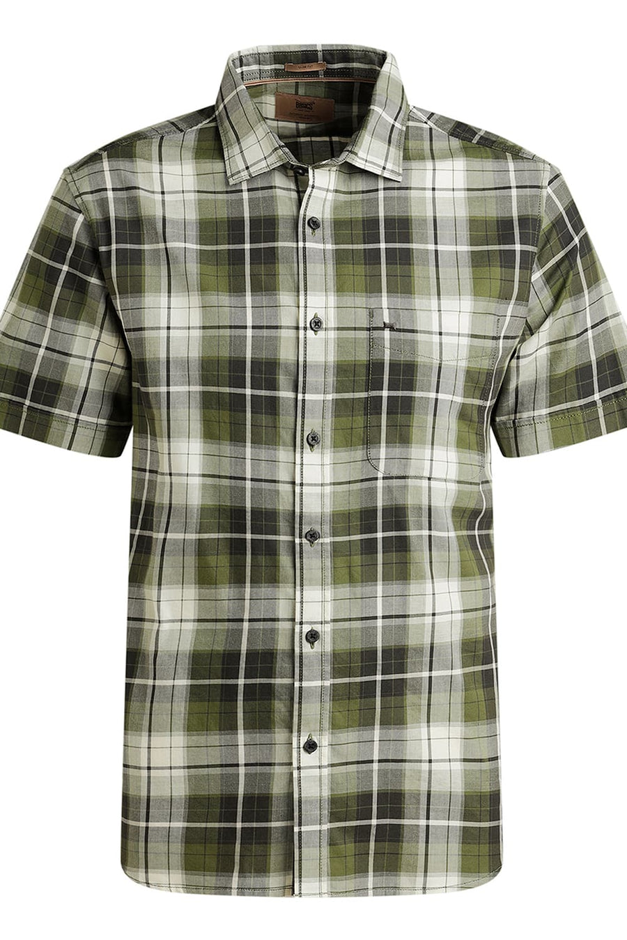BASICS SLIM FIT OLIVE GREEN COTTON TWILL CHECKS HALFSLEEVES SHIRT