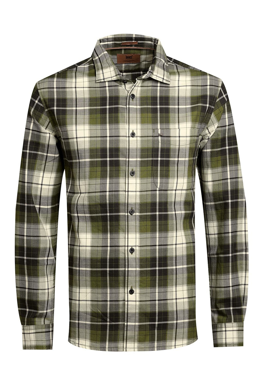BASICS SLIM FIT OLIVE GREEN COTTON TWILL CHECKS SHIRT