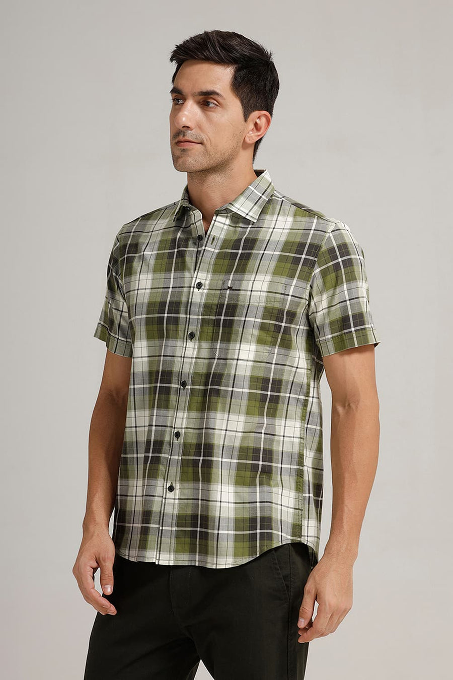 BASICS SLIM FIT OLIVE GREEN COTTON TWILL CHECKS HALFSLEEVES SHIRT
