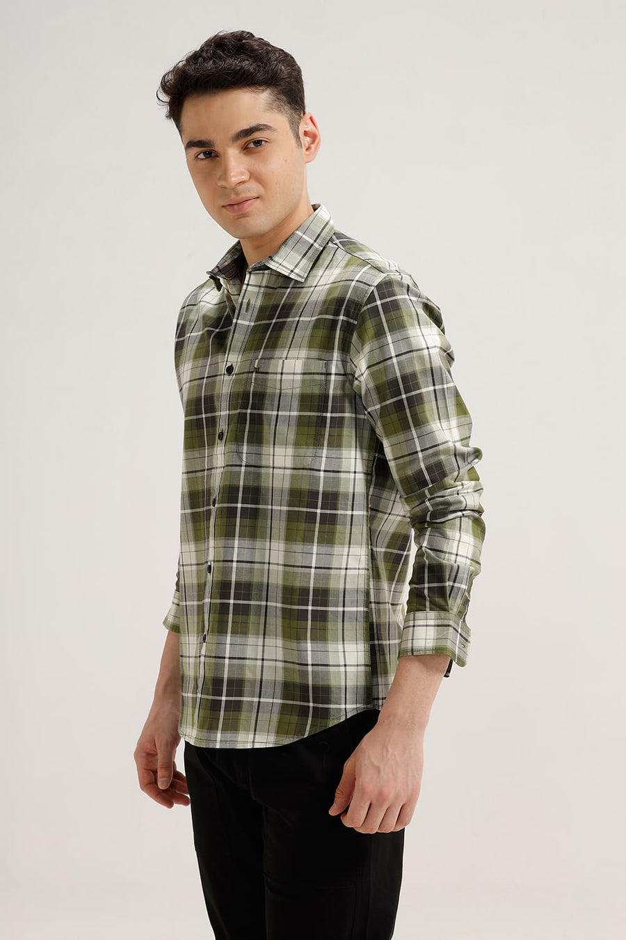 BASICS SLIM FIT OLIVE GREEN COTTON TWILL CHECKS SHIRT