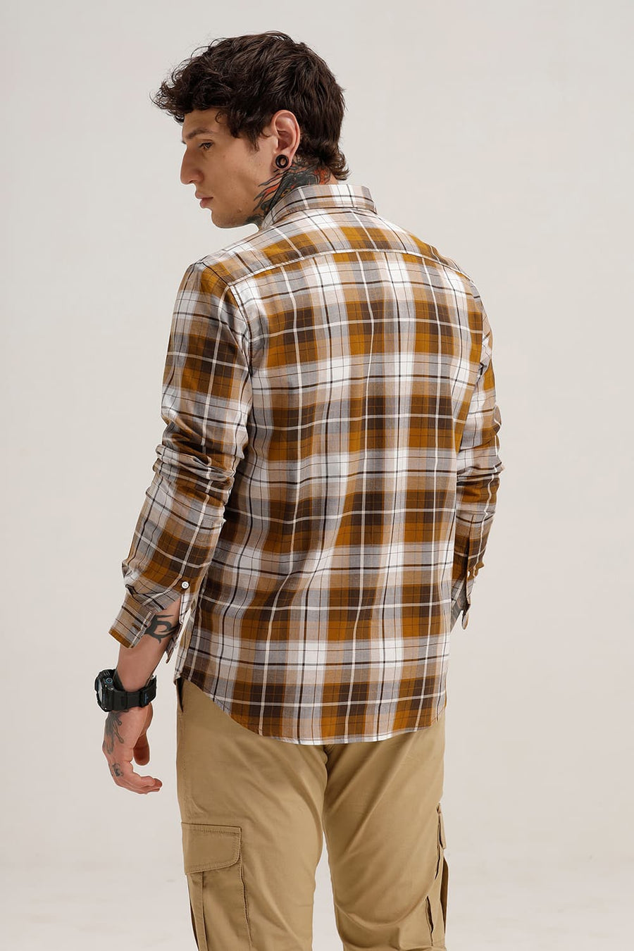 BASICS SLIM FIT SUDAN BROWN COTTON TWILL CHECKS SHIRT