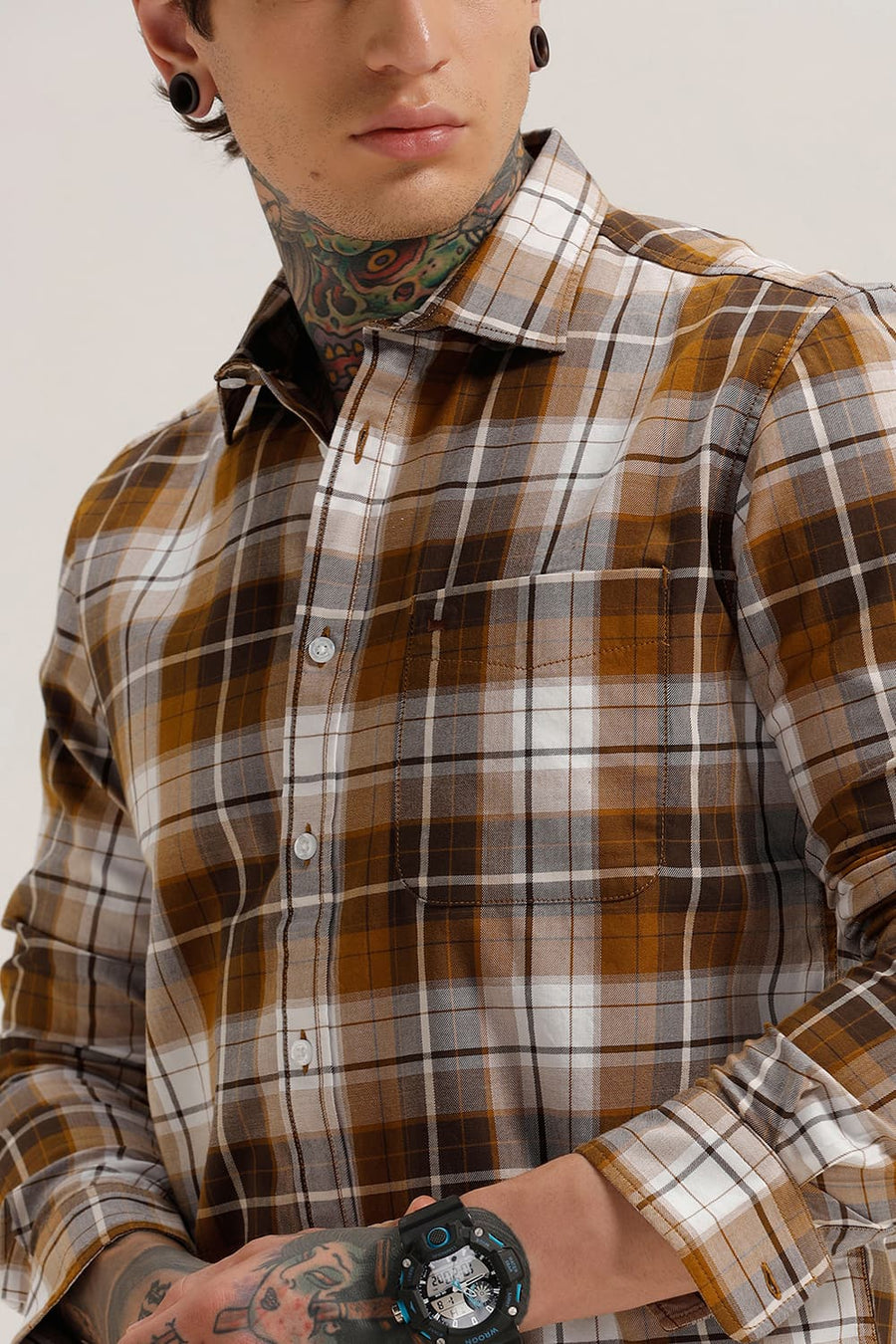 BASICS SLIM FIT SUDAN BROWN COTTON TWILL CHECKS SHIRT