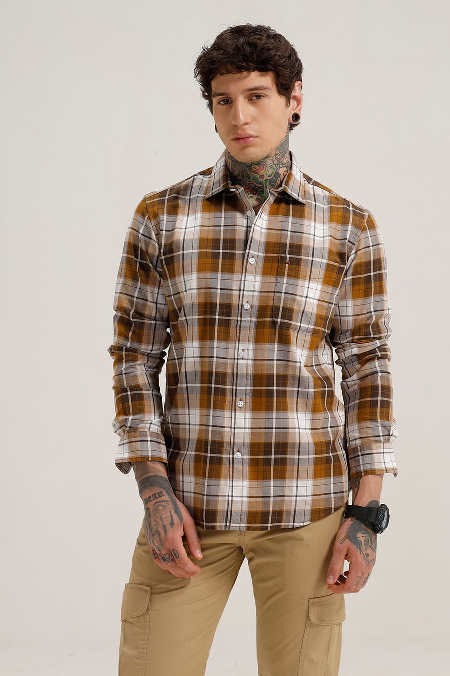 BASICS SLIM FIT SUDAN BROWN COTTON TWILL CHECKS SHIRT