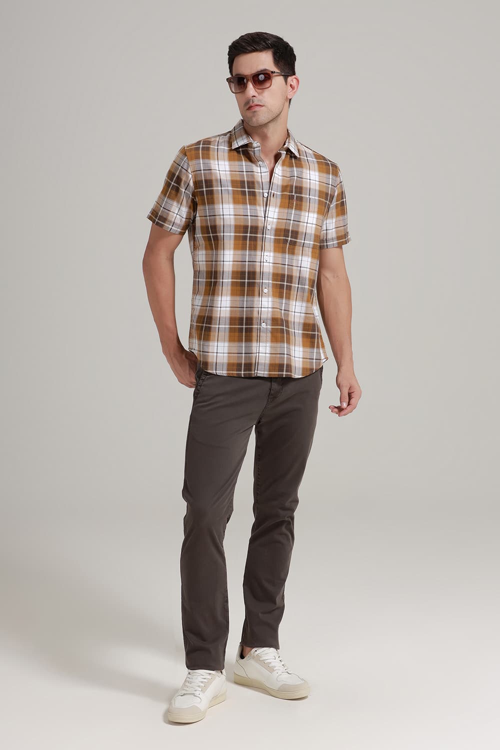 SLIM FIT COTTON TWILL CHECKS HALFSLEEVES SHIRT