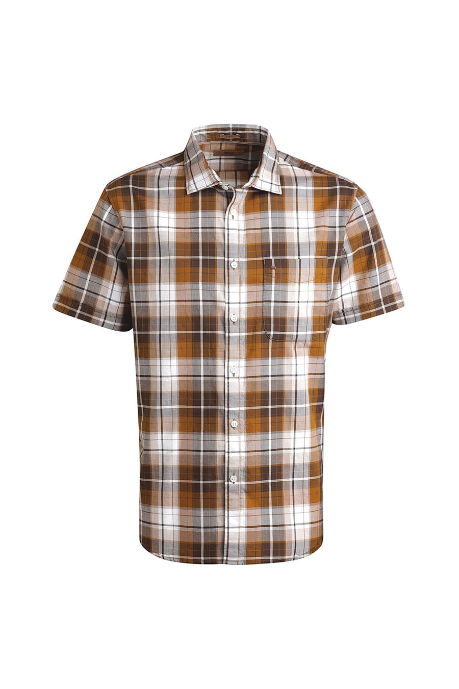 BASICS SLIM FIT SUDAN BROWN COTTON TWILL CHECKS HALFSLEEVES SHIRT