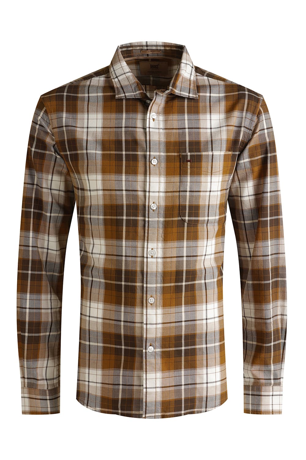Basics Slim Fit Sudan Brown Cotton Twill Checks Shirt | Basics Life