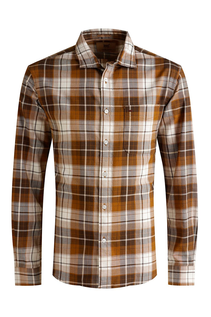 BASICS SLIM FIT SUDAN BROWN COTTON TWILL CHECKS SHIRT