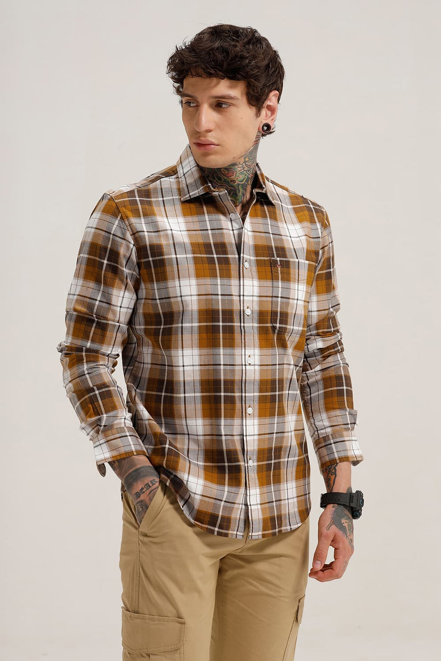 BASICS SLIM FIT SUDAN BROWN COTTON TWILL CHECKS SHIRT