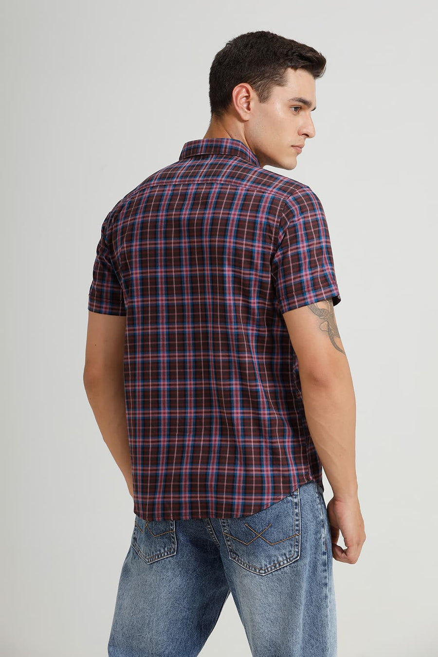 BASICS SLIM FIT ORCHID PINK COTTON TWILL CHECKS HALFSLEEVES SHIRT