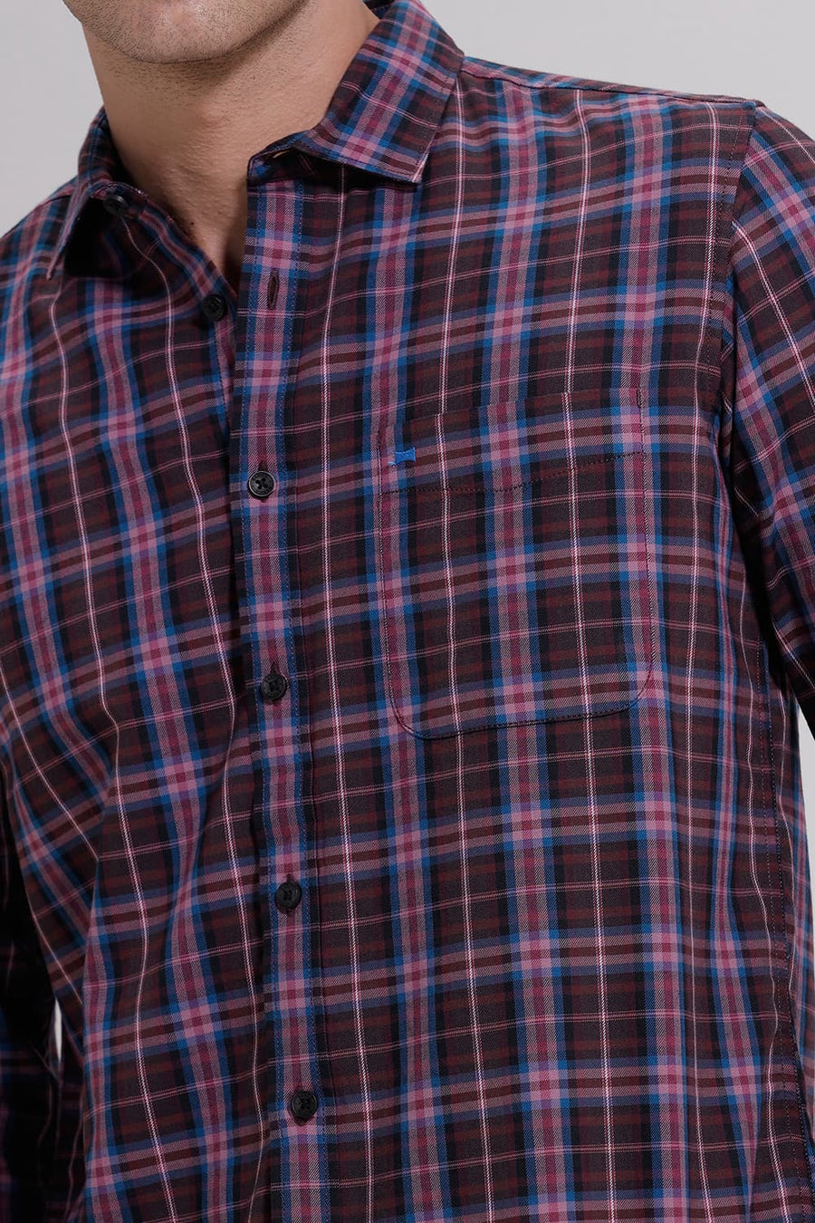 BASICS SLIM FIT ORCHID PINK COTTON TWILL CHECKS SHIRT