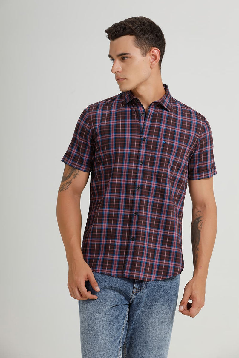 SLIM FIT COTTON TWILL CHECKS HALFSLEEVES SHIRT