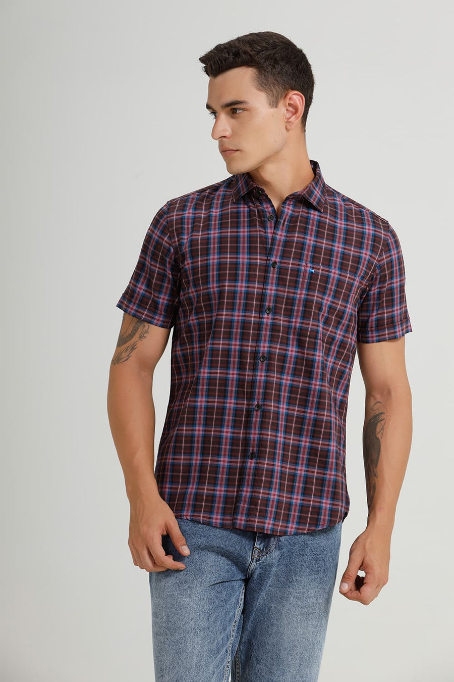 BASICS SLIM FIT ORCHID PINK COTTON TWILL CHECKS HALFSLEEVES SHIRT