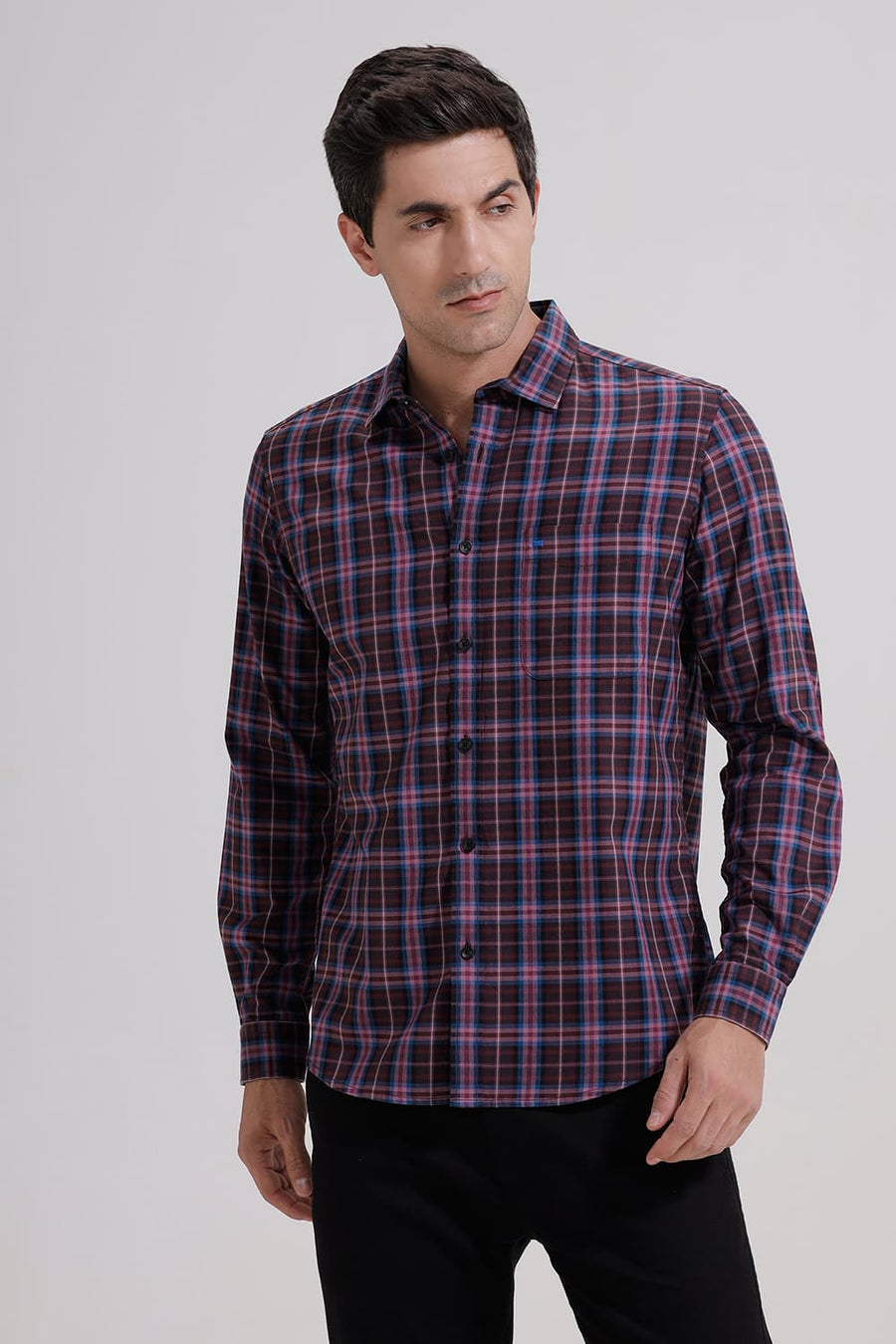 BASICS SLIM FIT ORCHID PINK COTTON TWILL CHECKS SHIRT