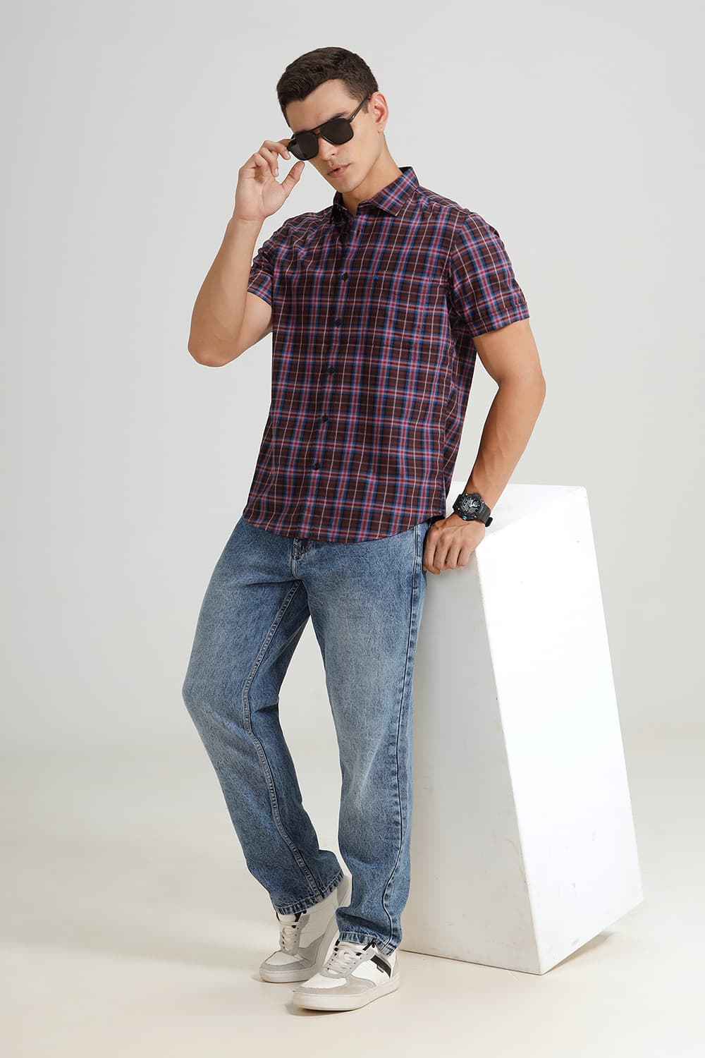 SLIM FIT COTTON TWILL CHECKS HALFSLEEVES SHIRT