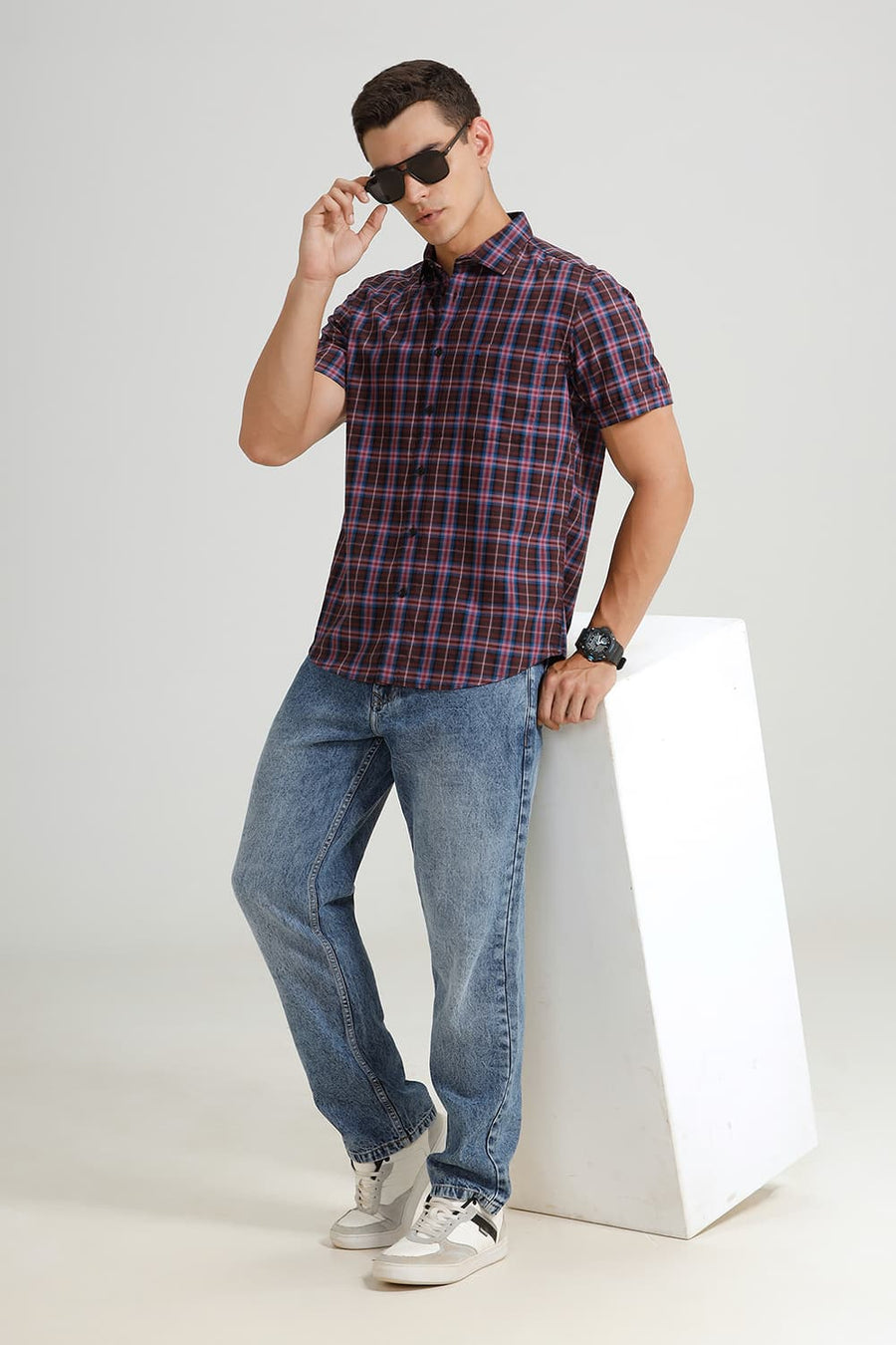 BASICS SLIM FIT ORCHID PINK COTTON TWILL CHECKS HALFSLEEVES SHIRT