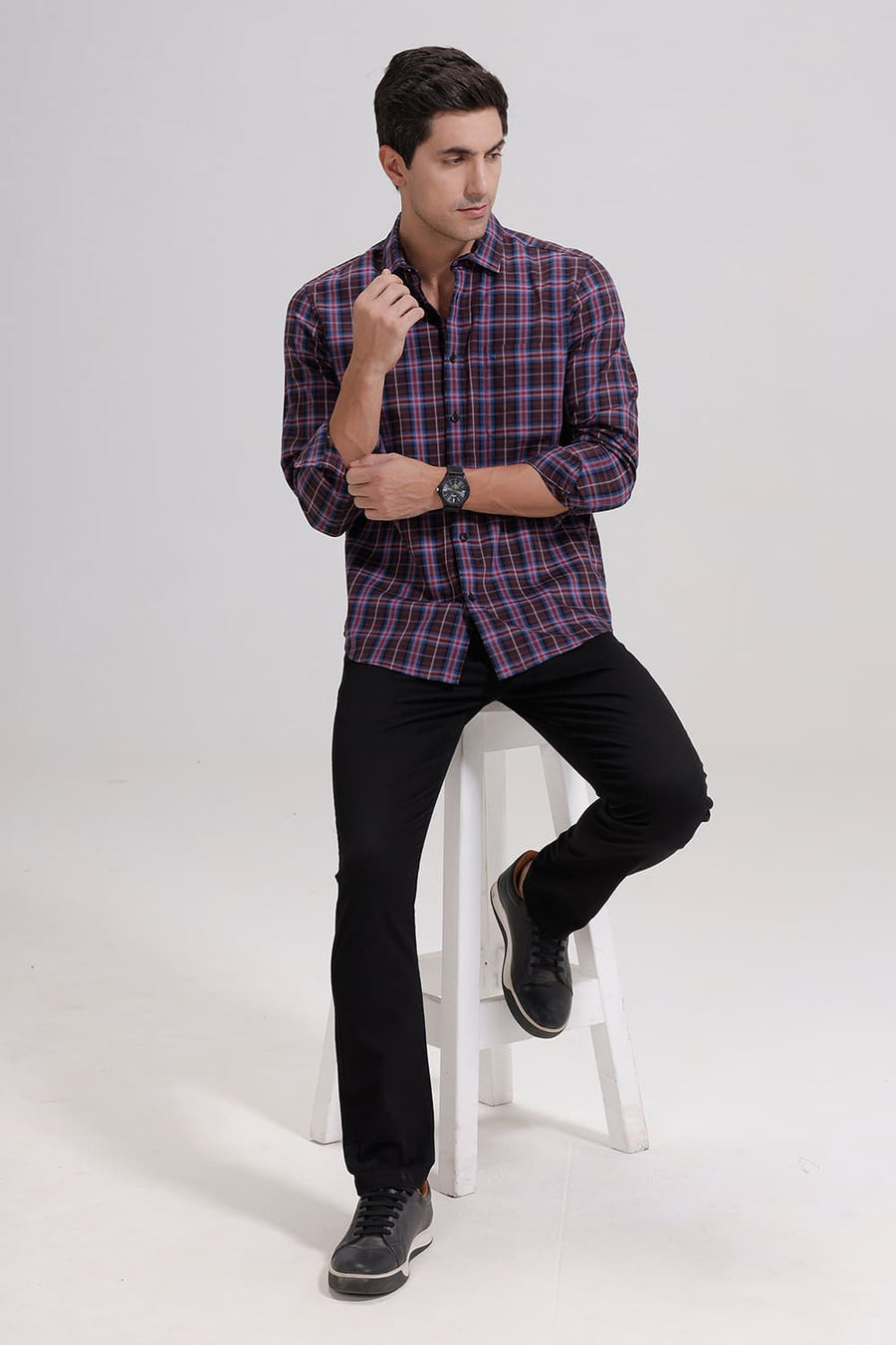 BASICS SLIM FIT ORCHID PINK COTTON TWILL CHECKS SHIRT