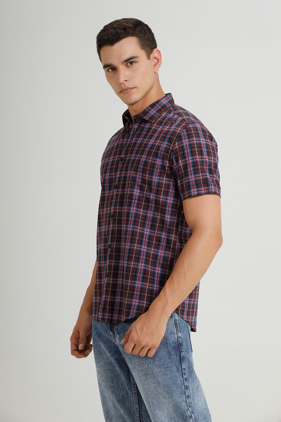 BASICS SLIM FIT ORCHID PINK COTTON TWILL CHECKS HALFSLEEVES SHIRT