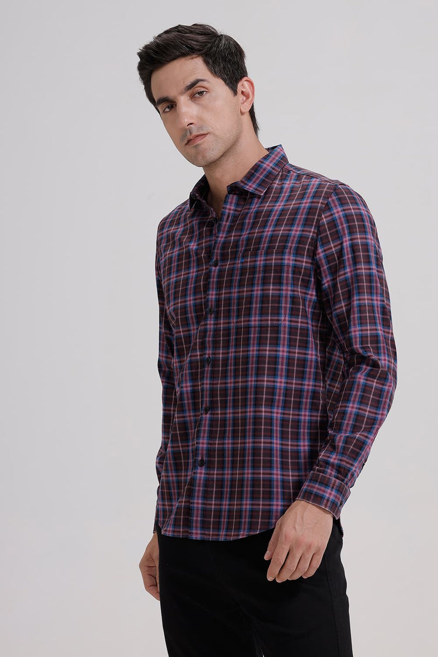 BASICS SLIM FIT ORCHID PINK COTTON TWILL CHECKS SHIRT