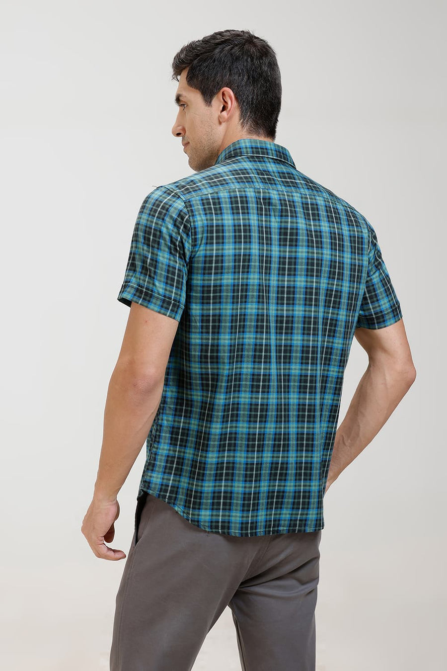 BASICS SLIM FIT ELM GREEN COTTON TWILL CHECKS HALFSLEEVES SHIRT