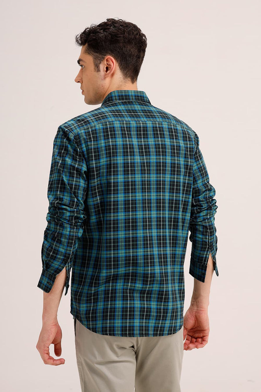 BASICS SLIM FIT ELM GREEN COTTON TWILL CHECKS SHIRT