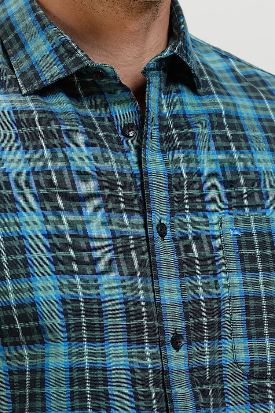 BASICS SLIM FIT ELM GREEN COTTON TWILL CHECKS HALFSLEEVES SHIRT
