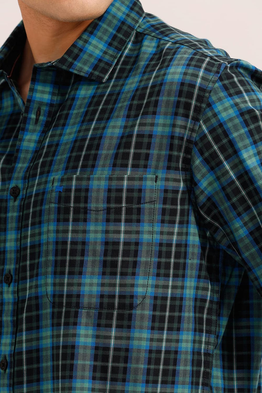 BASICS SLIM FIT ELM GREEN COTTON TWILL CHECKS SHIRT