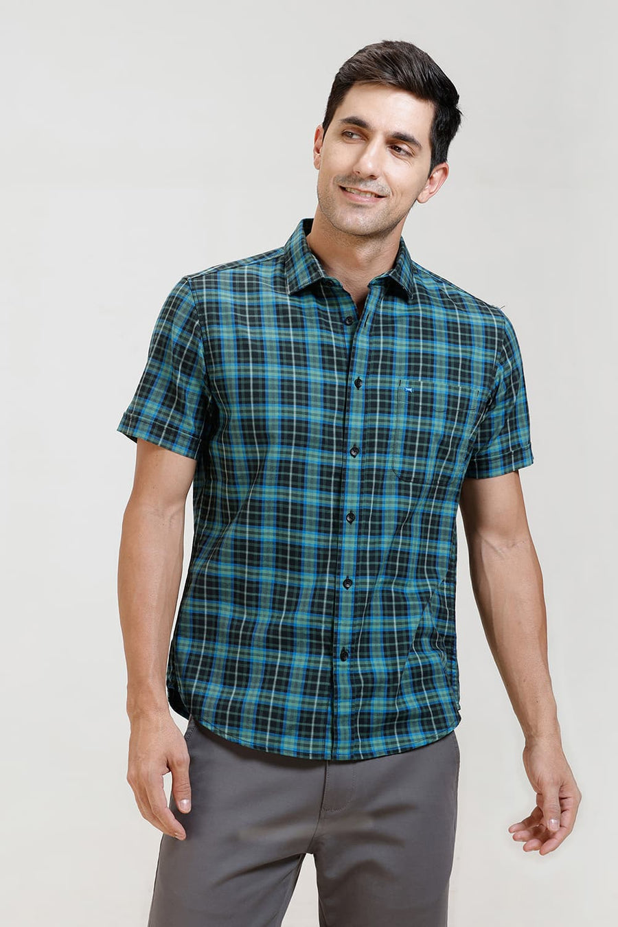BASICS SLIM FIT ELM GREEN COTTON TWILL CHECKS HALFSLEEVES SHIRT