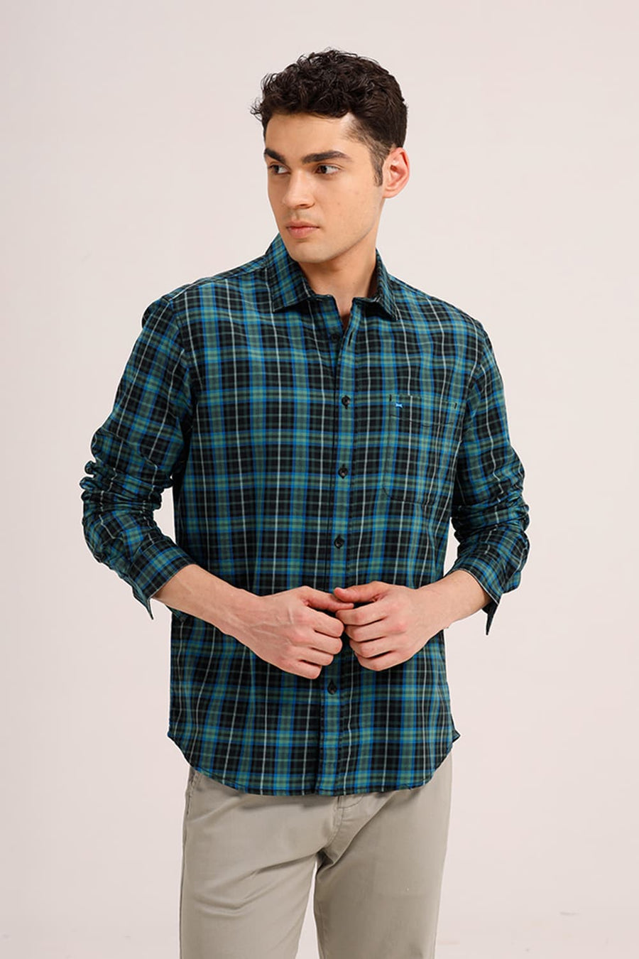 BASICS SLIM FIT ELM GREEN COTTON TWILL CHECKS SHIRT