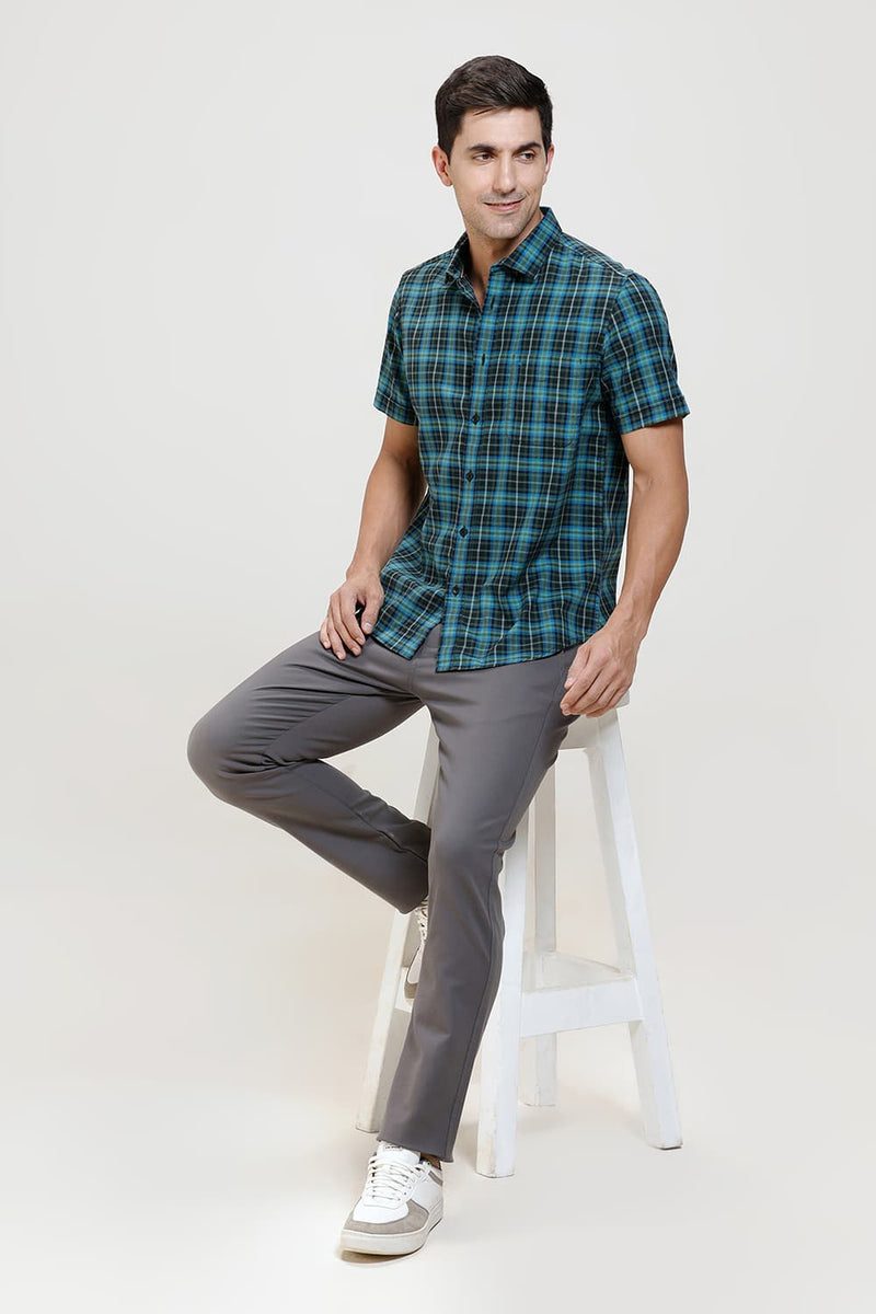 SLIM FIT COTTON TWILL CHECKS HALFSLEEVES SHIRT
