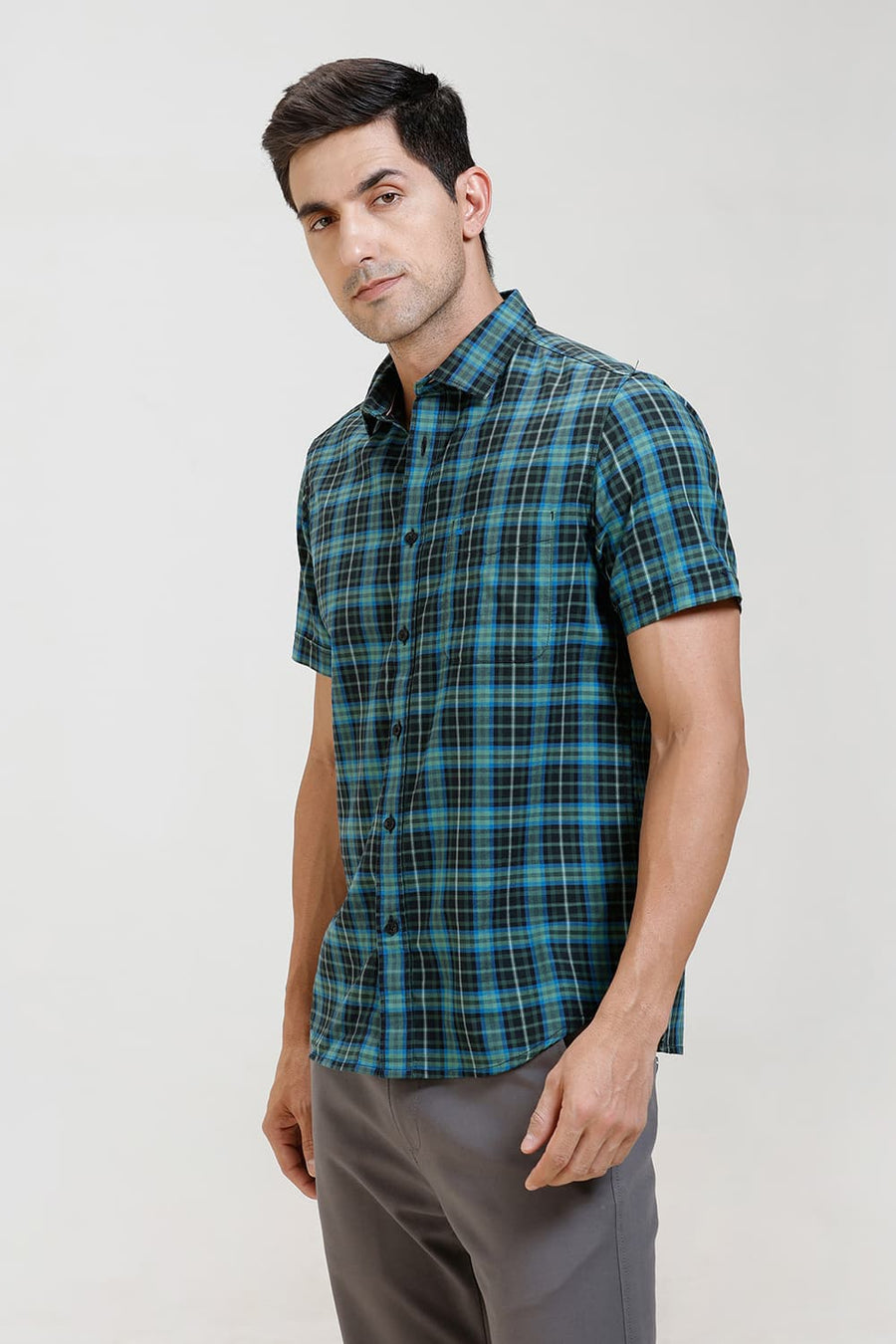 BASICS SLIM FIT ELM GREEN COTTON TWILL CHECKS HALFSLEEVES SHIRT
