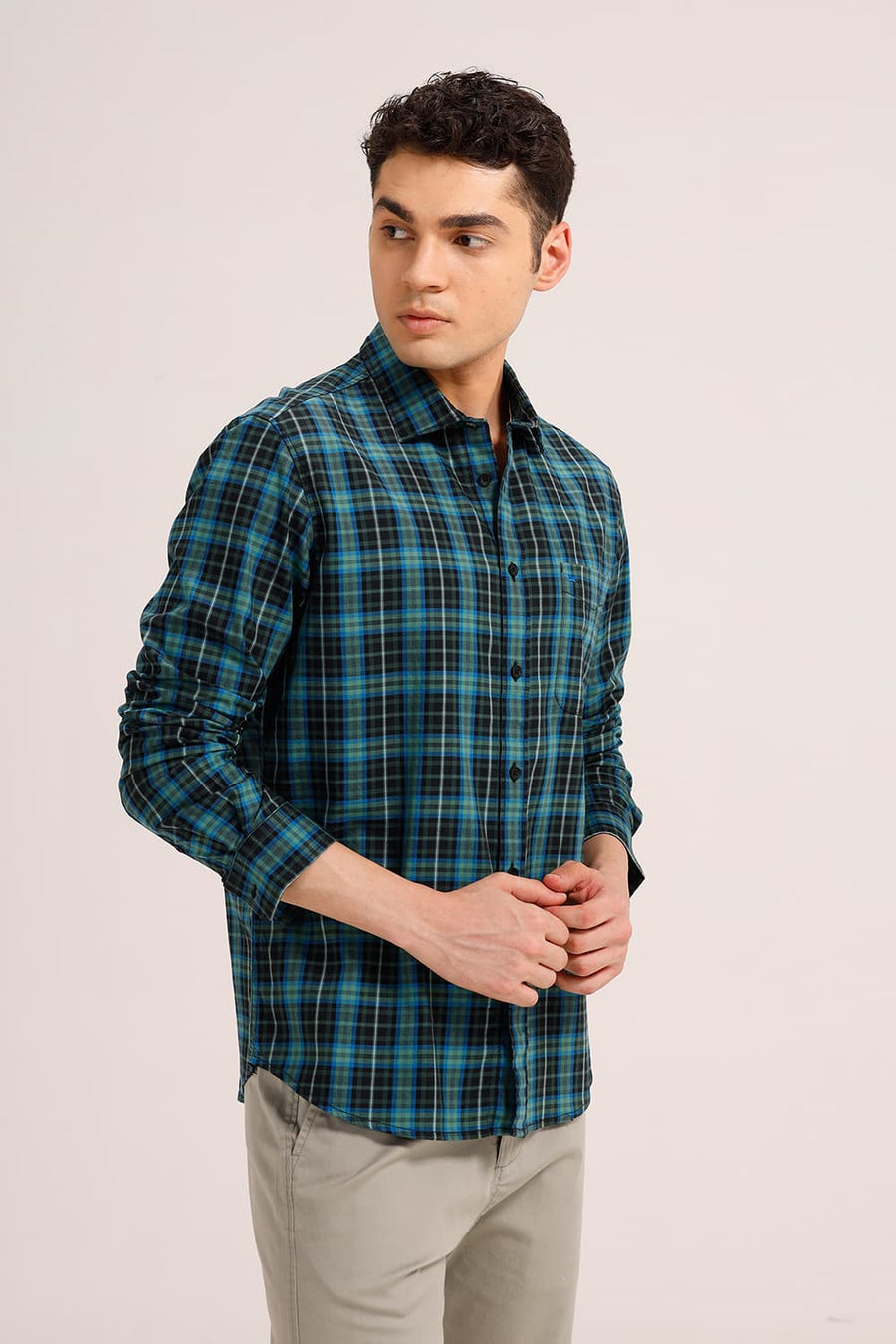 BASICS SLIM FIT ELM GREEN COTTON TWILL CHECKS SHIRT