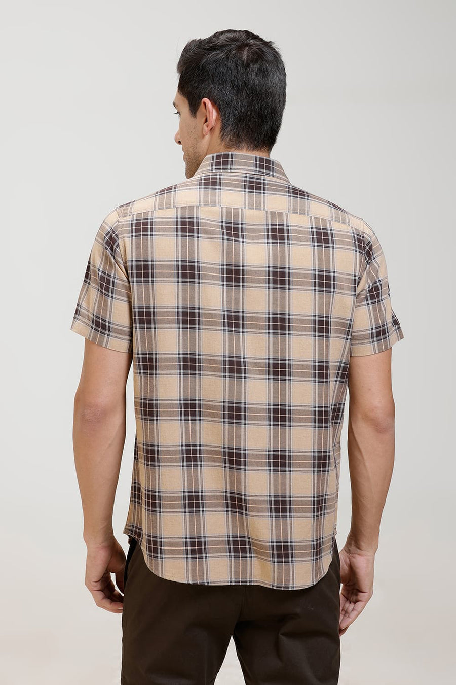 BASICS SLIM FIT KHAKI CHESTNUT COTTON MELANGE CHECKS HALFSLEEVES SHIRT