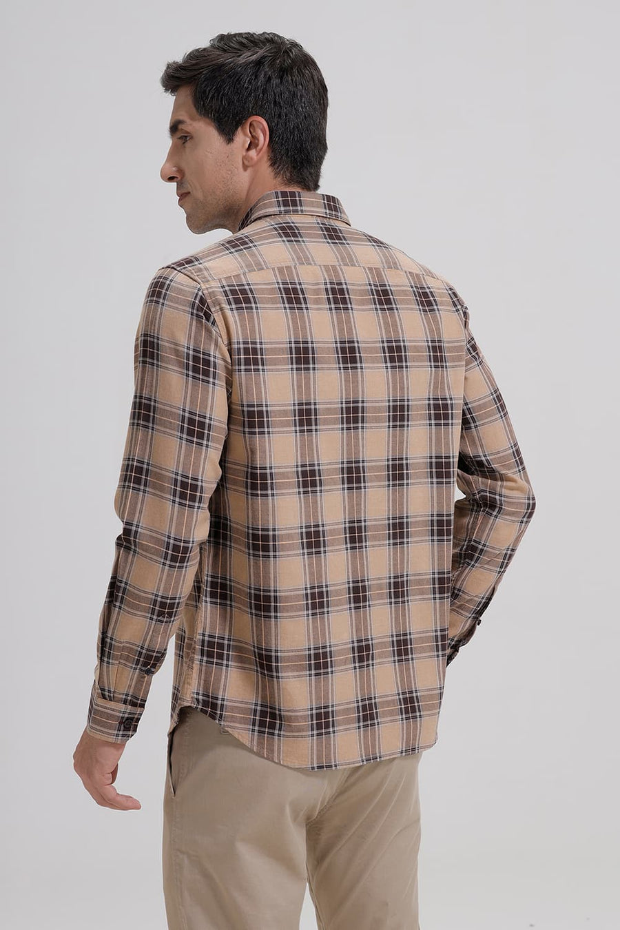 BASICS SLIM FIT KHAKI CHESTNUT COTTON MELANGE CHECKS SHIRT