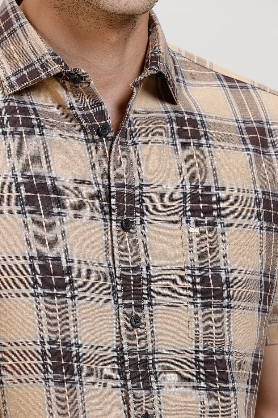 BASICS SLIM FIT KHAKI CHESTNUT COTTON MELANGE CHECKS HALFSLEEVES SHIRT